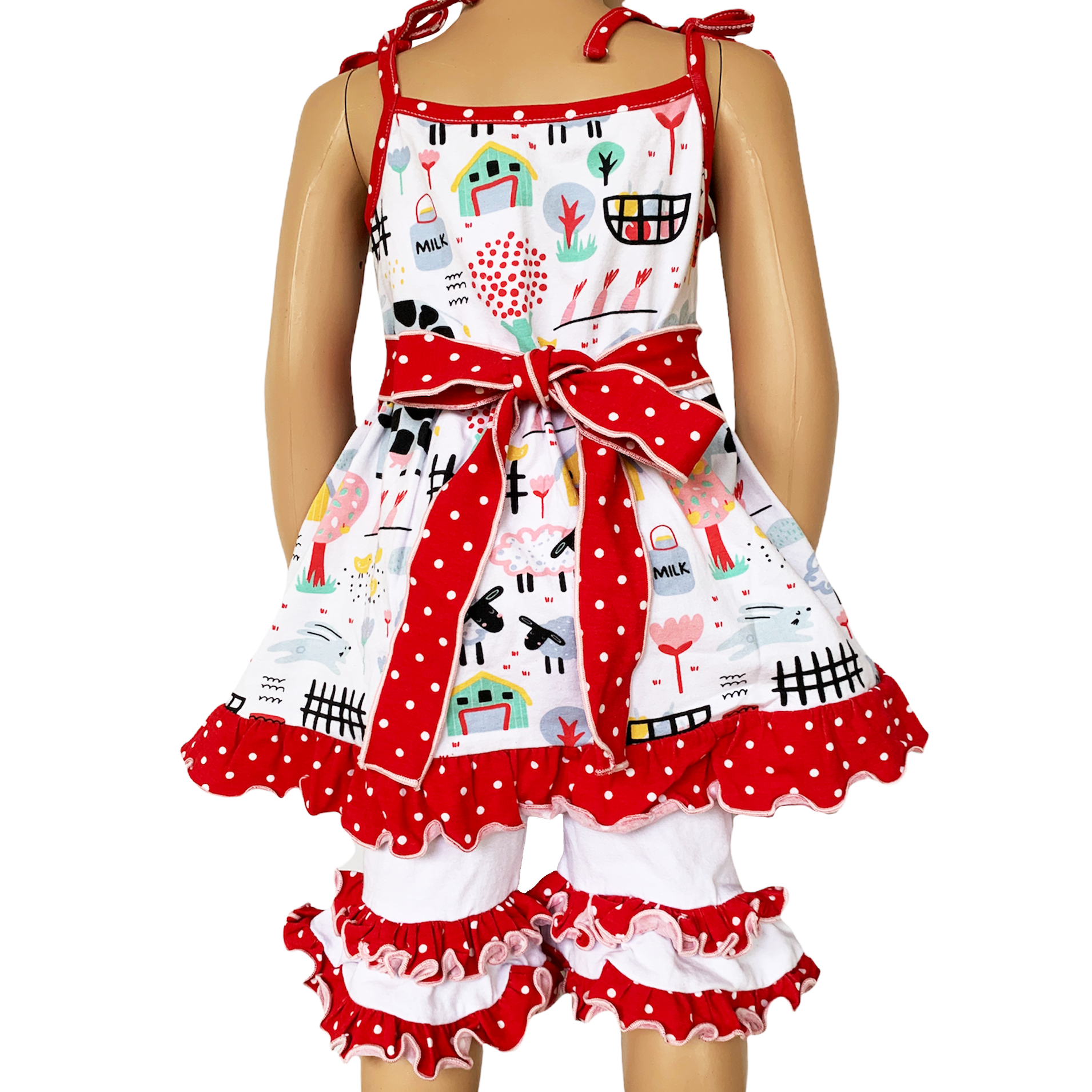 AnnLoren Little & Big Girls Farm Animals Dress with Capri Ruffle featuring farm animal print and pink-red polka dot sash.